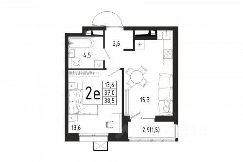 Планировка 1 комнатной квартиры, 38.5 м², в «Берег»