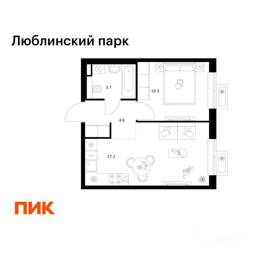1-комн. квартира, 35,8 м², в ЖК «Люблинский парк»