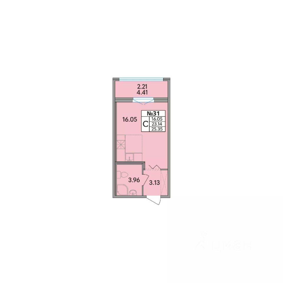 Планировка 1 комнатной квартиры, 25.35 м², в «Рождественский квартал»