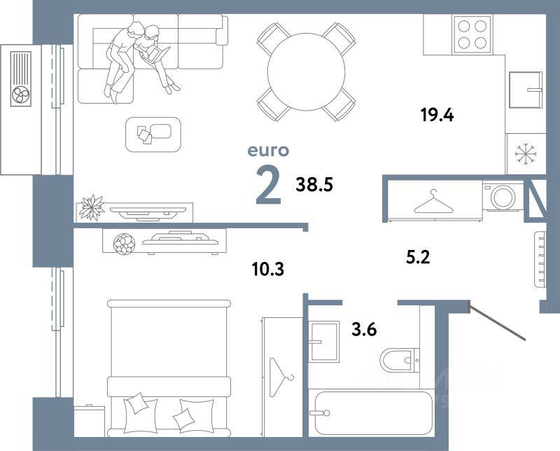 2-комн. квартира, 38,5 м², в ЖК Страна.Заречная