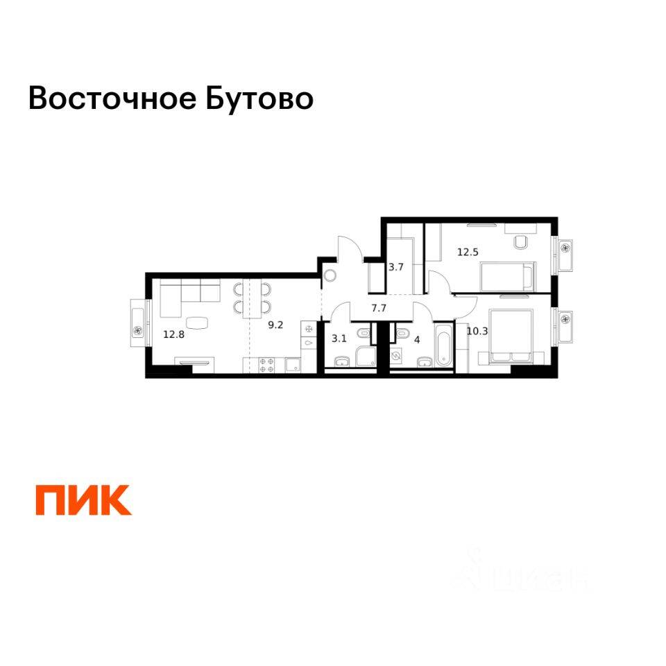 2-комн. квартира, 63,3 м², в ЖК «Восточное Бутово»
