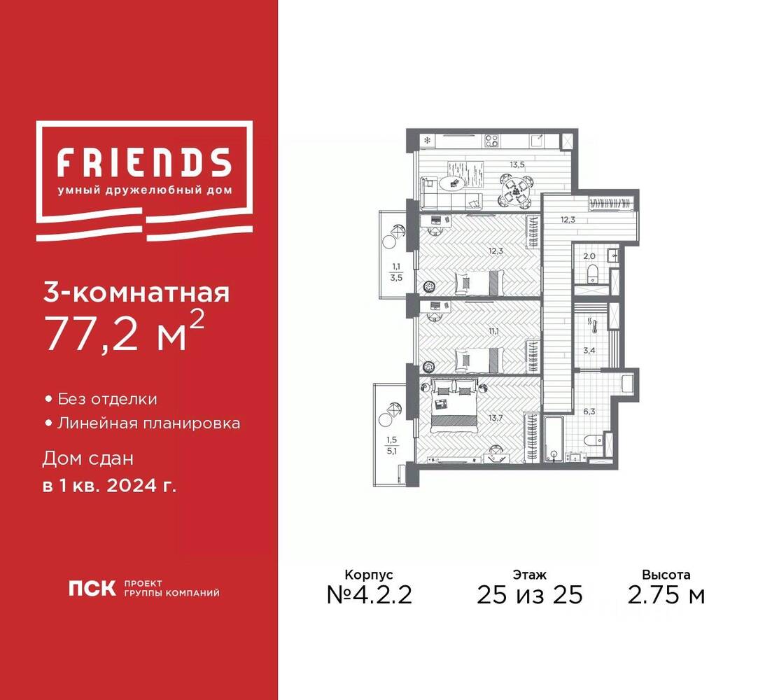 Планировка 3 комнатной квартиры, 77.2 м², в «FRIENDS»