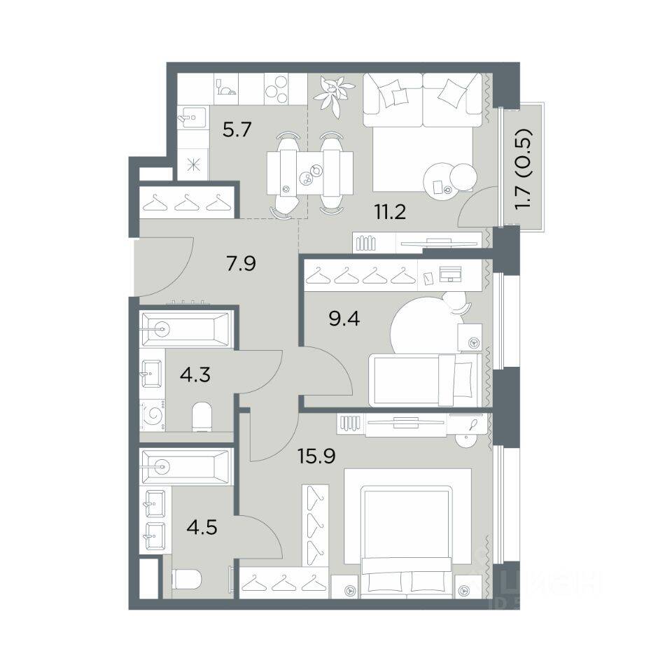 3-комн. квартира, 59,4 м², в ЖК «Станиславский»