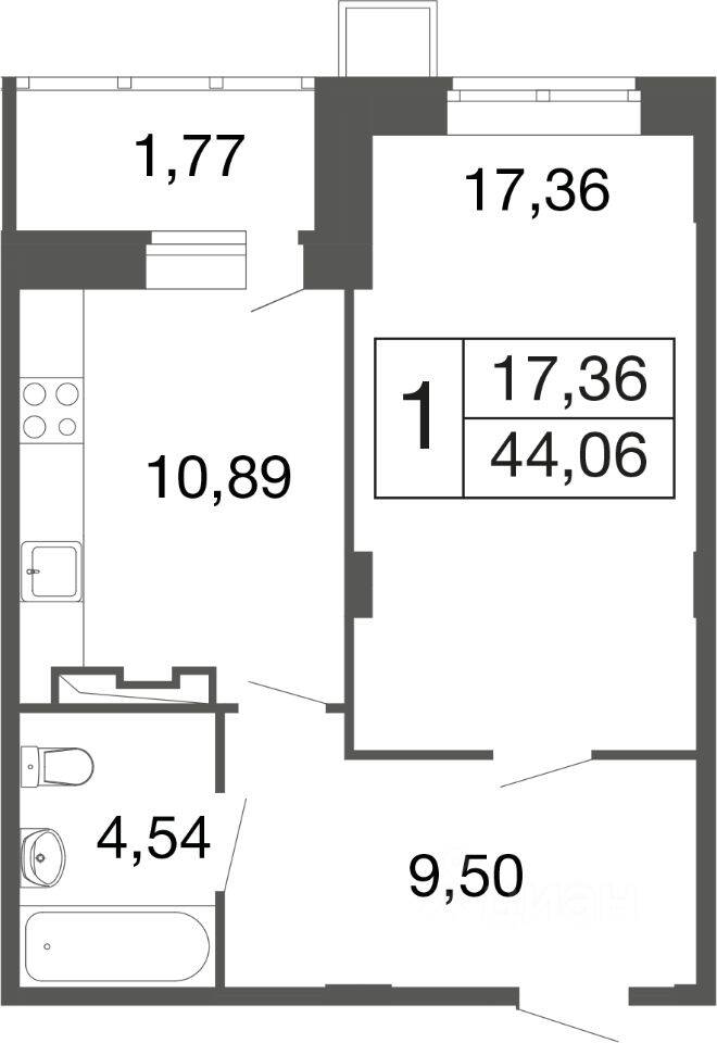 1-комн. квартира, 44,1 м², в ЖК «Времена года»