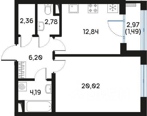 1-комн. квартира, 49,96 м², в ЖК Регенбоген