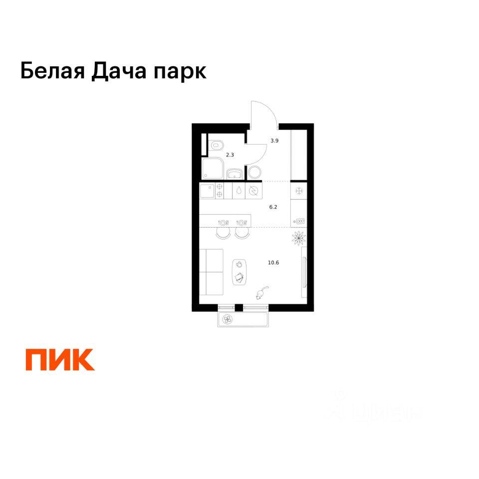 Планировка 1 комнатной квартиры, 23 м², в «Белая Дача парк»