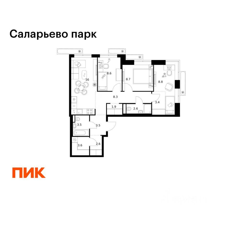 3-комн. квартира, 71,5 м², в ЖК «Саларьево парк»