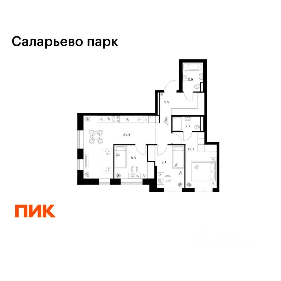 3-комн. квартира, 67,3 м², в ЖК «Саларьево парк»