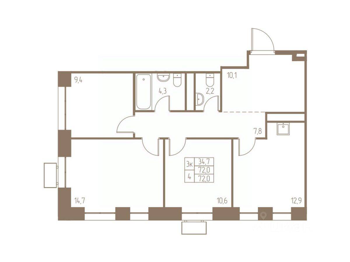 3-комн. квартира, 72 м², в ЖК Фабрикант