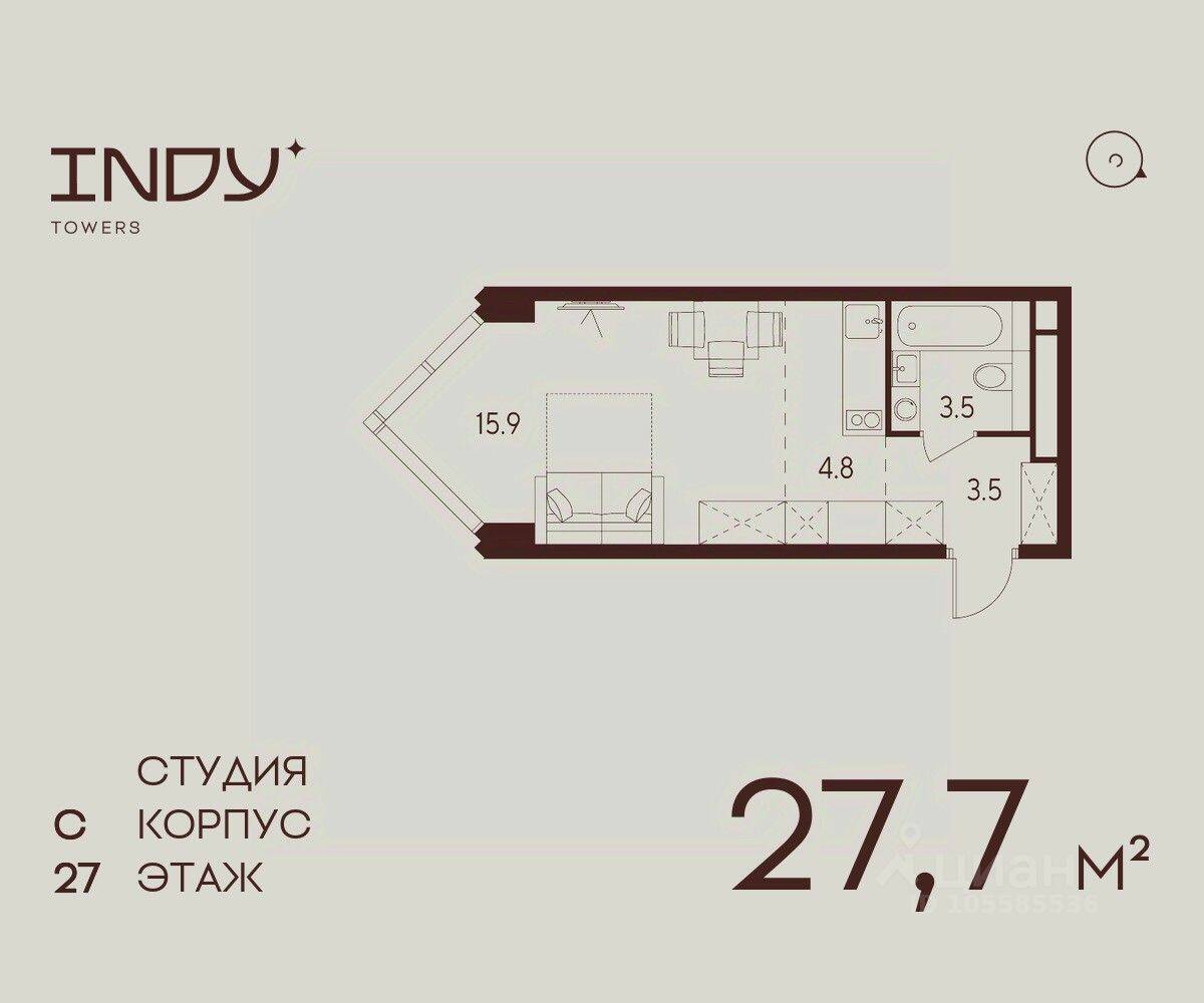 Планировка 1 комнатной квартиры, 27.7 м², в «Indy Towers»