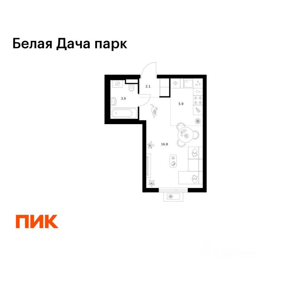 Планировка 1 комнатной квартиры, 28.7 м², в «Белая Дача парк»