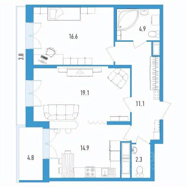 Планировка 2 комнатной квартиры, 72.4 м², в «Колумб»