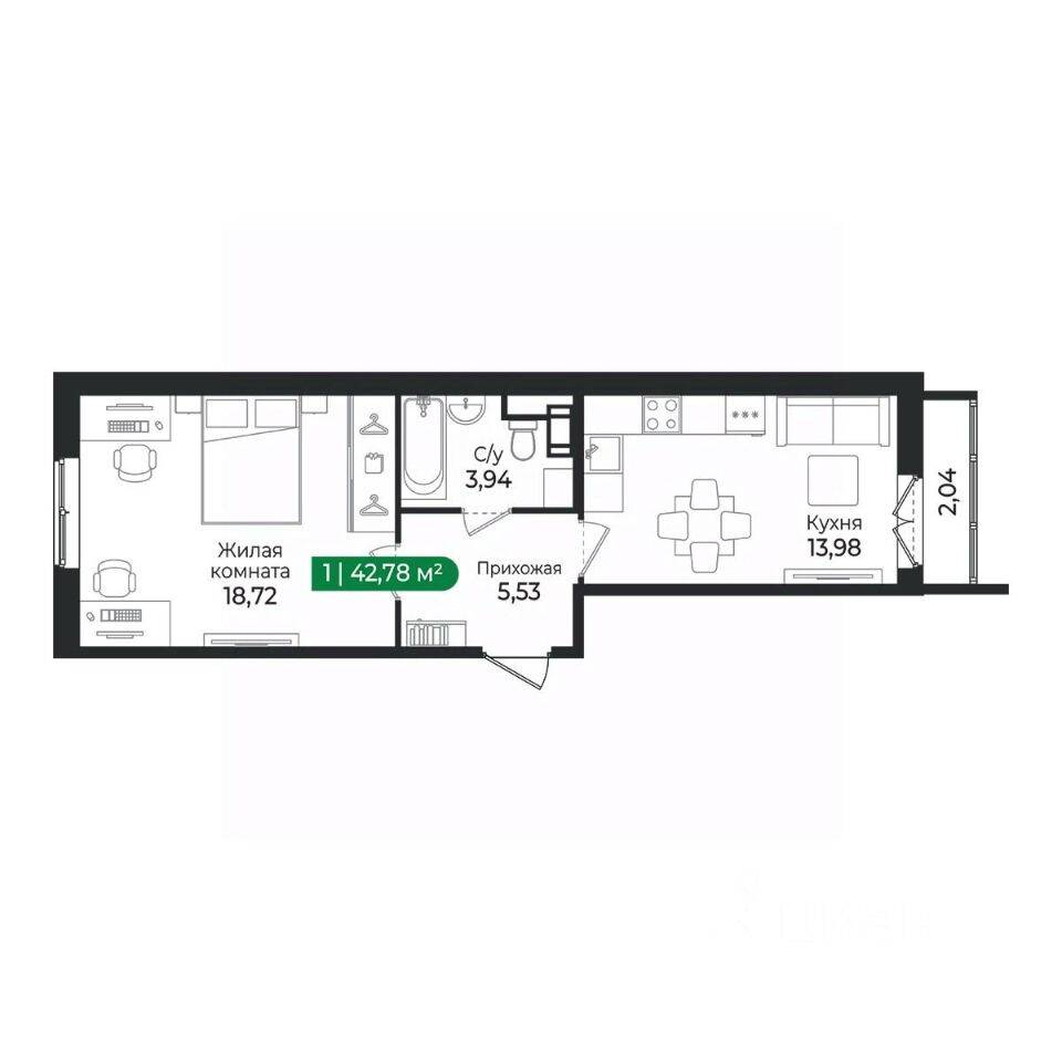 1-комн. квартира, 42,78 м², в ЖК Sertolovo Park