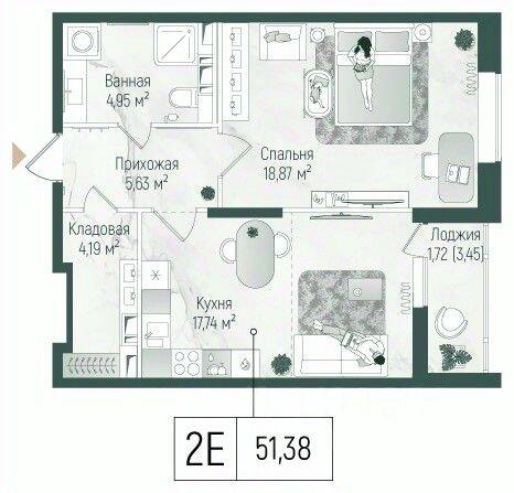 1-комн. квартира, 53,11 м², в ЖК Riga Hills