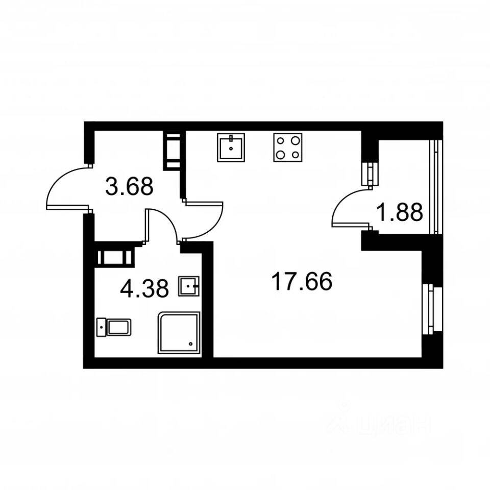 Планировка 1 комнатной квартиры, 26.66 м², в «Квартал Заречье»