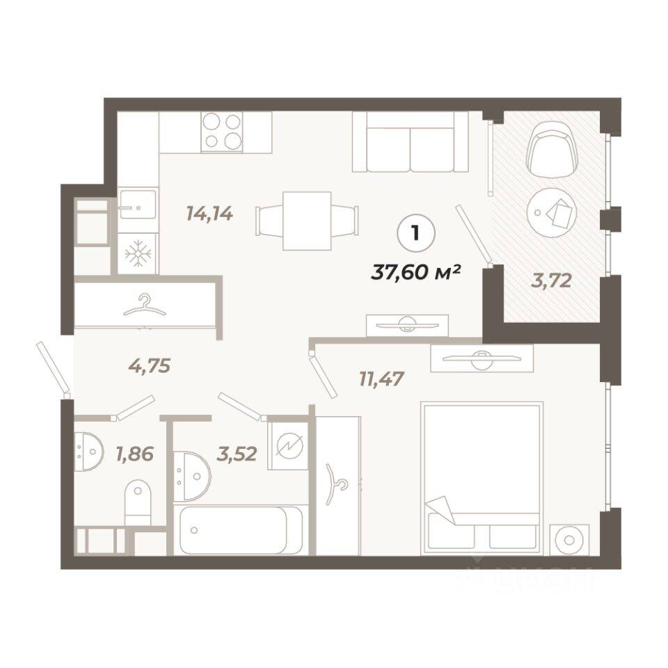 1-комн. квартира, 37,6 м², в ЖК «Знатный»