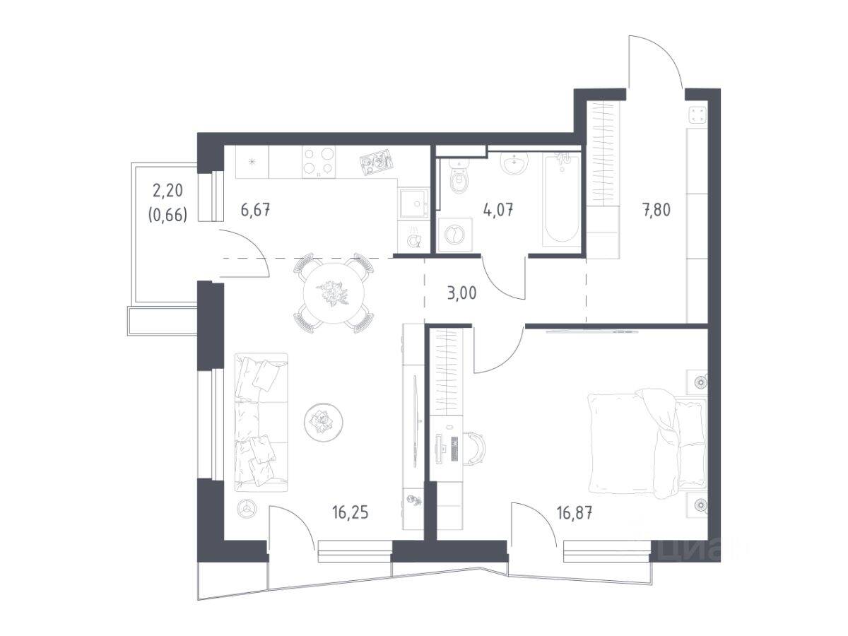 1-комн. квартира, 54,3 м², в ЖК Квартал Авиаторов