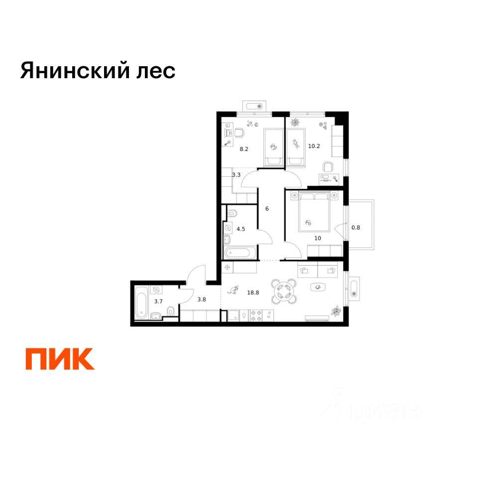 3-комн. квартира, 69,3 м², в ЖК Янинский лес