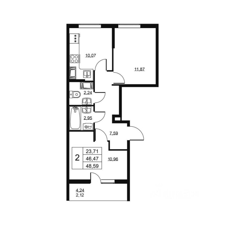 2-комн. квартира, 48,59 м², в ЖК «Высота» (Бугры)