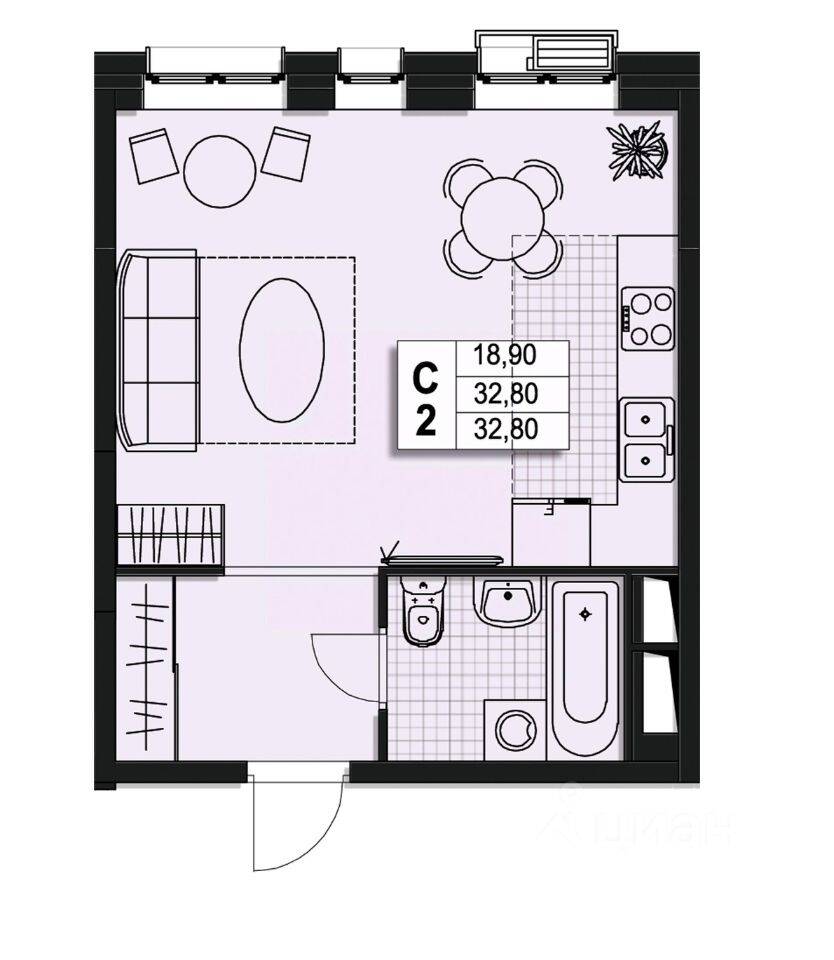Квартира-студия, 32,7 м², в ЖК Атлантис
