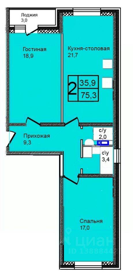 3-комн. квартира, 75,3 м², в ЖК «Троицкий»
