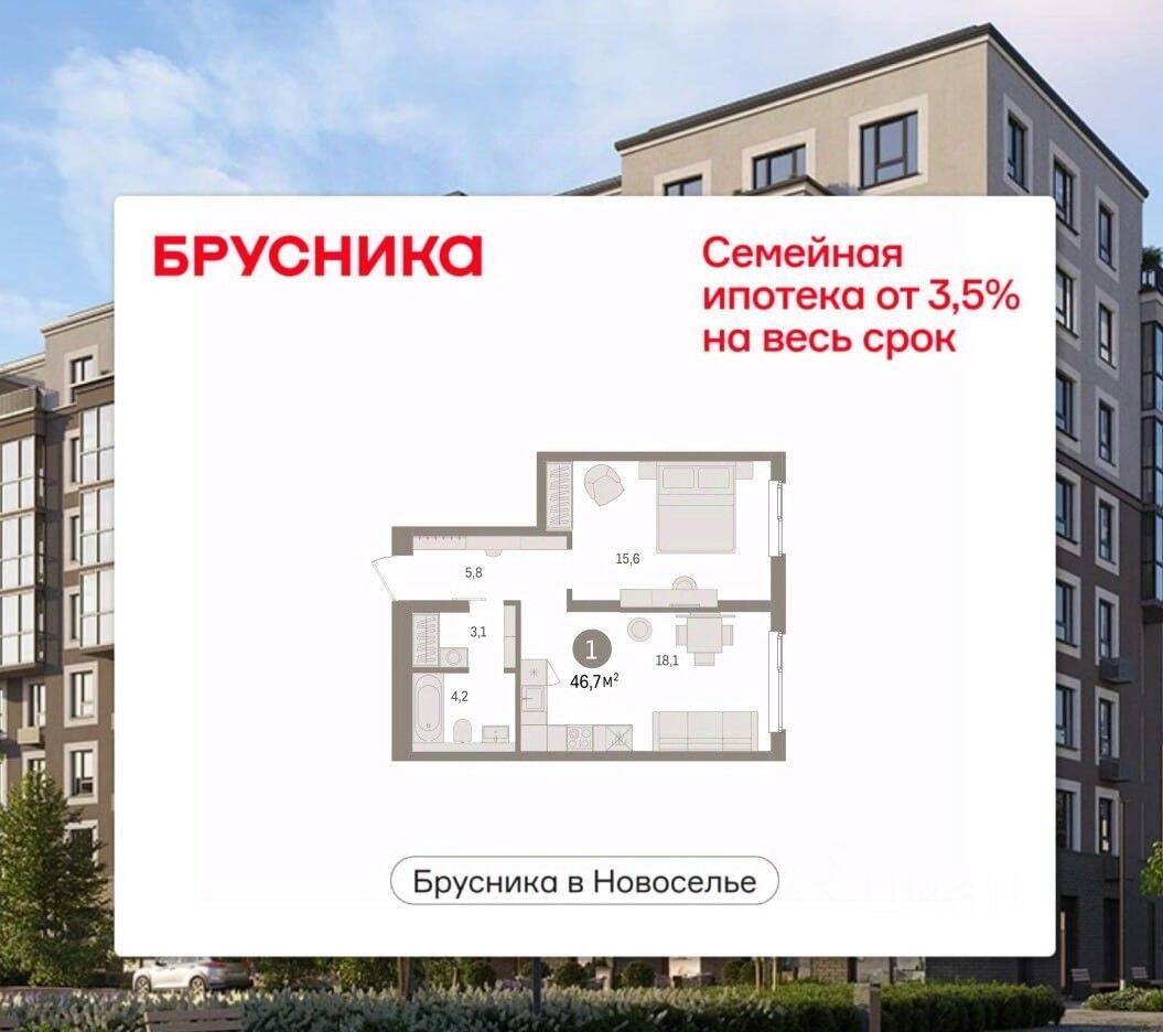 1-комн. квартира, 46,72 м², в ЖК «Брусника в Новоселье»