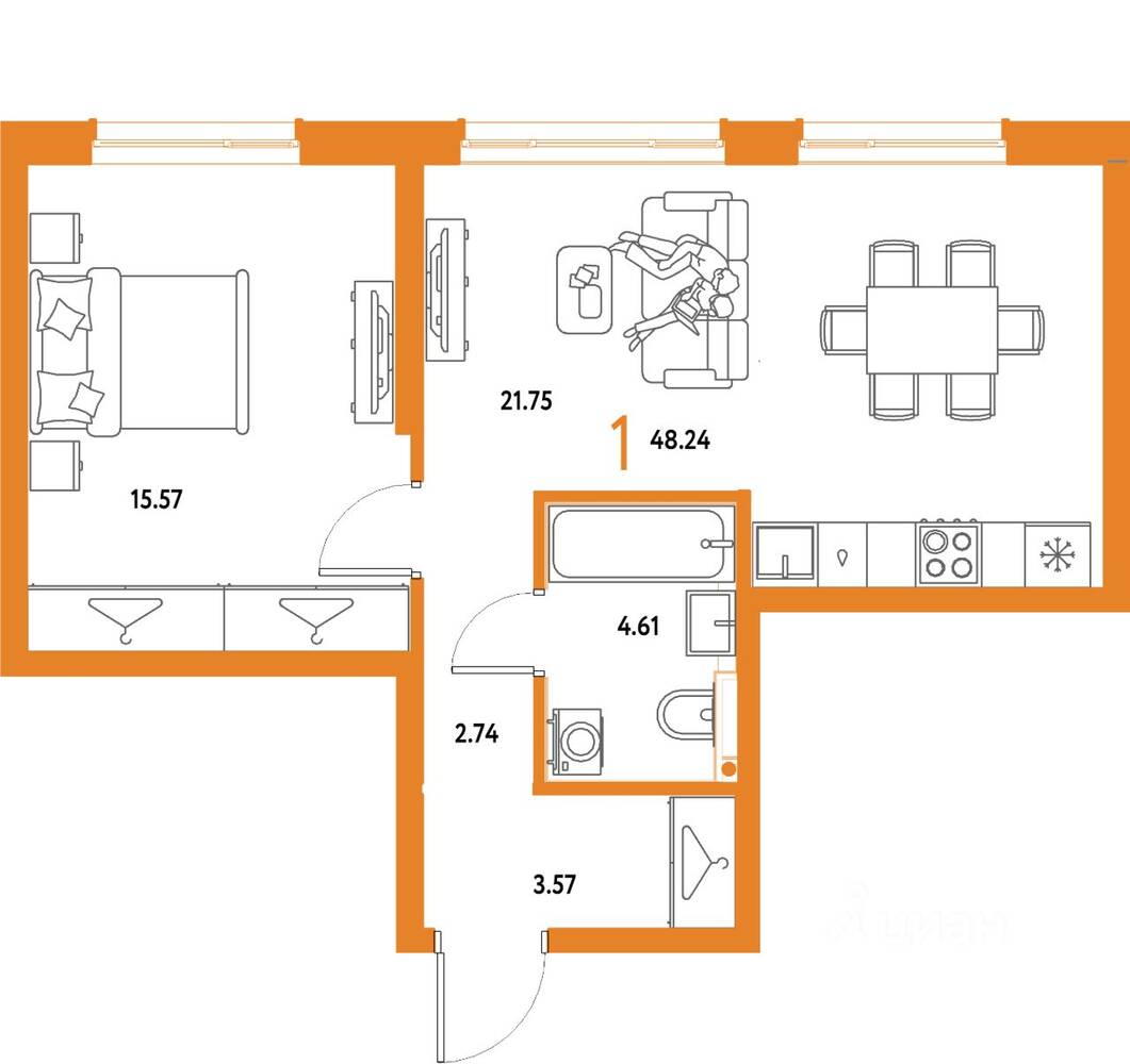 1-комн. квартира, 48,24 м², в ЖК Страна.Парковая
