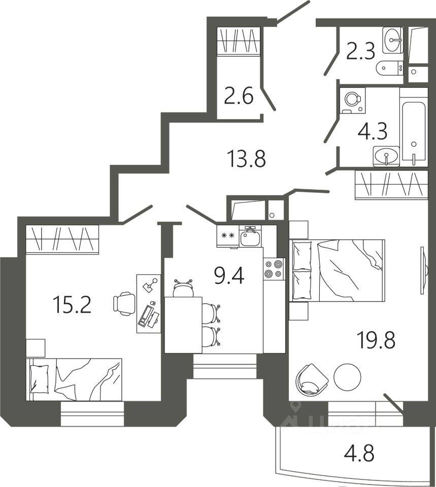 2-комн. квартира, 68,8 м², в ЖК «Советская 18»