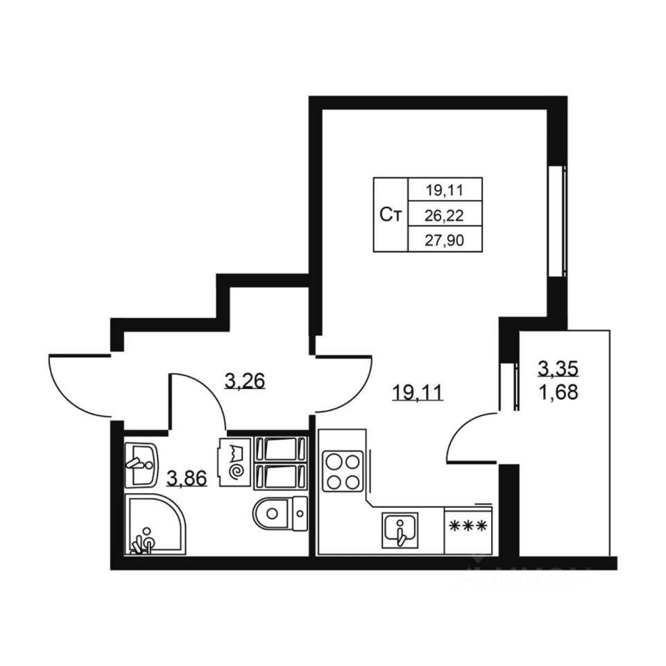 Квартира-студия, 27,9 м², в ЖК «Высота» (Бугры)