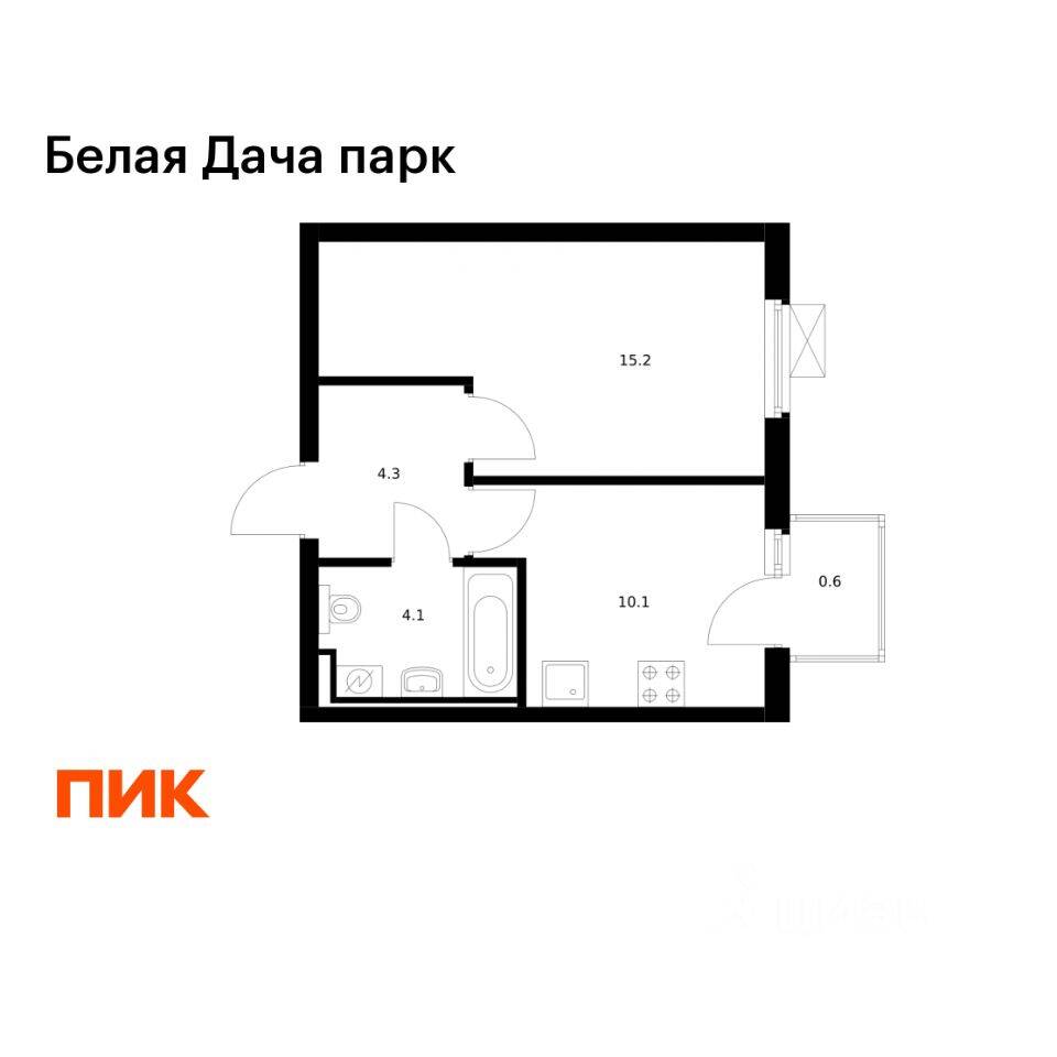 1-комн. квартира, 34,3 м², в ЖК «Белая Дача парк»
