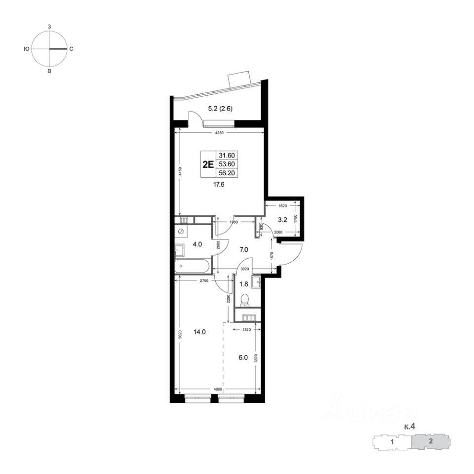 2-комн. квартира, 56,2 м², в ЖК «Легенда Коренево»