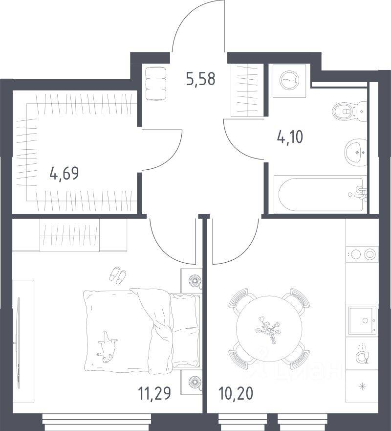 1-комн. квартира, 35,86 м², в ЖК «Пригород Лесное»