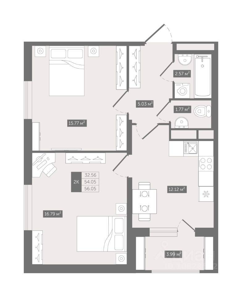 2-комн. квартира, 56,05 м², в ЖК UP-квартал «Воронцовский»