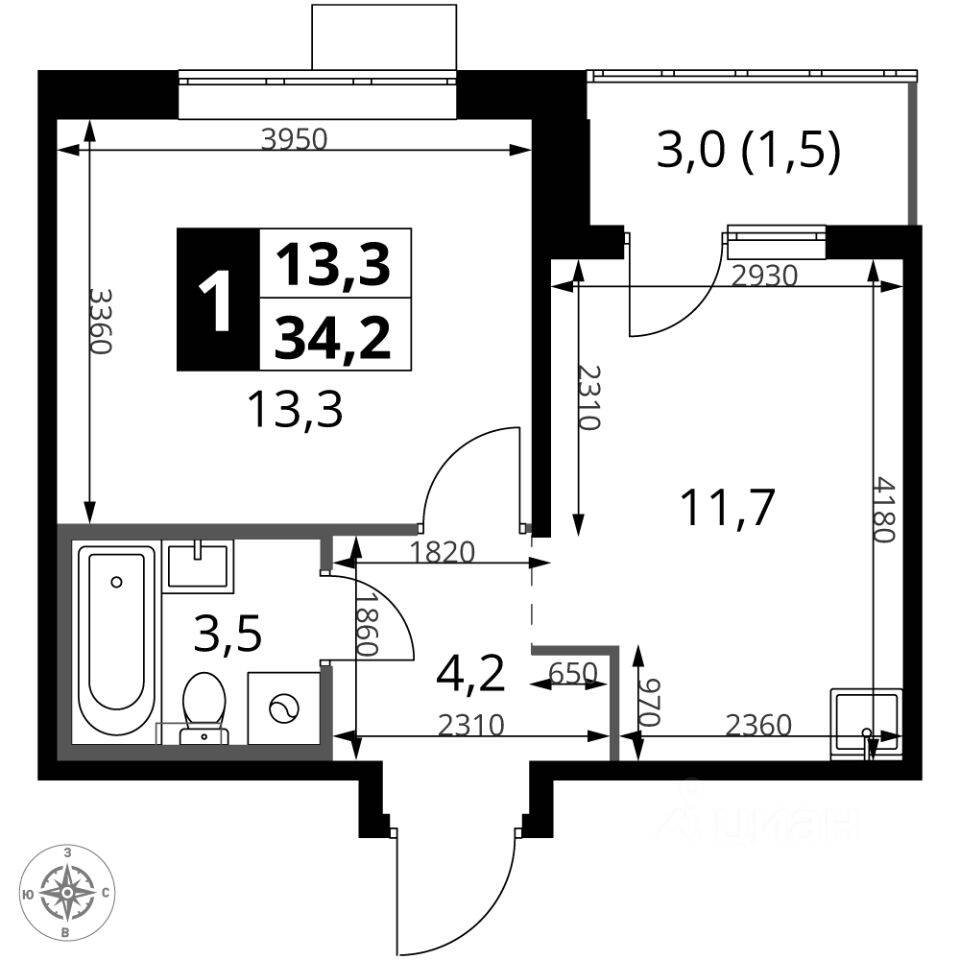 1-комн. квартира, 34,2 м², в ЖК 1-й Саларьевский