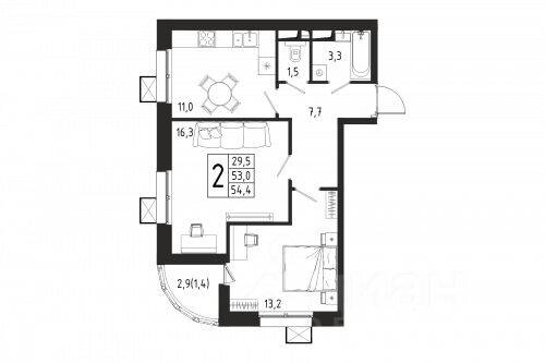 Планировка 2 комнатной квартиры, 54.4 м², в «Берег»