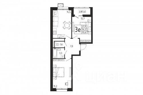 Планировка 2 комнатной квартиры, 55.6 м², в «Берег»
