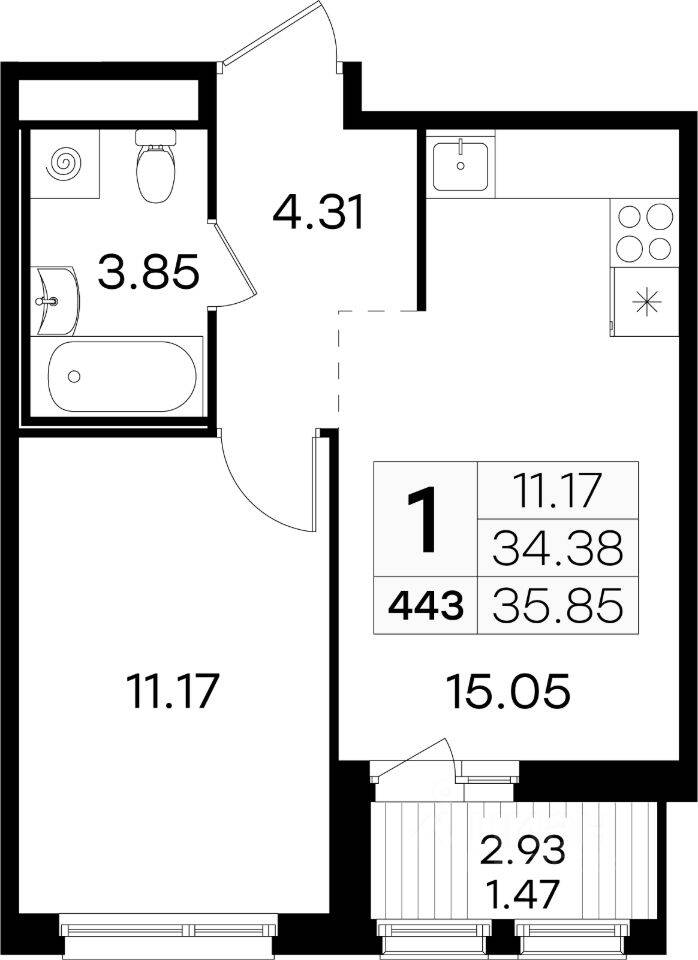 1-комн. квартира, 35,5 м², в ЖК GloraX Парголово