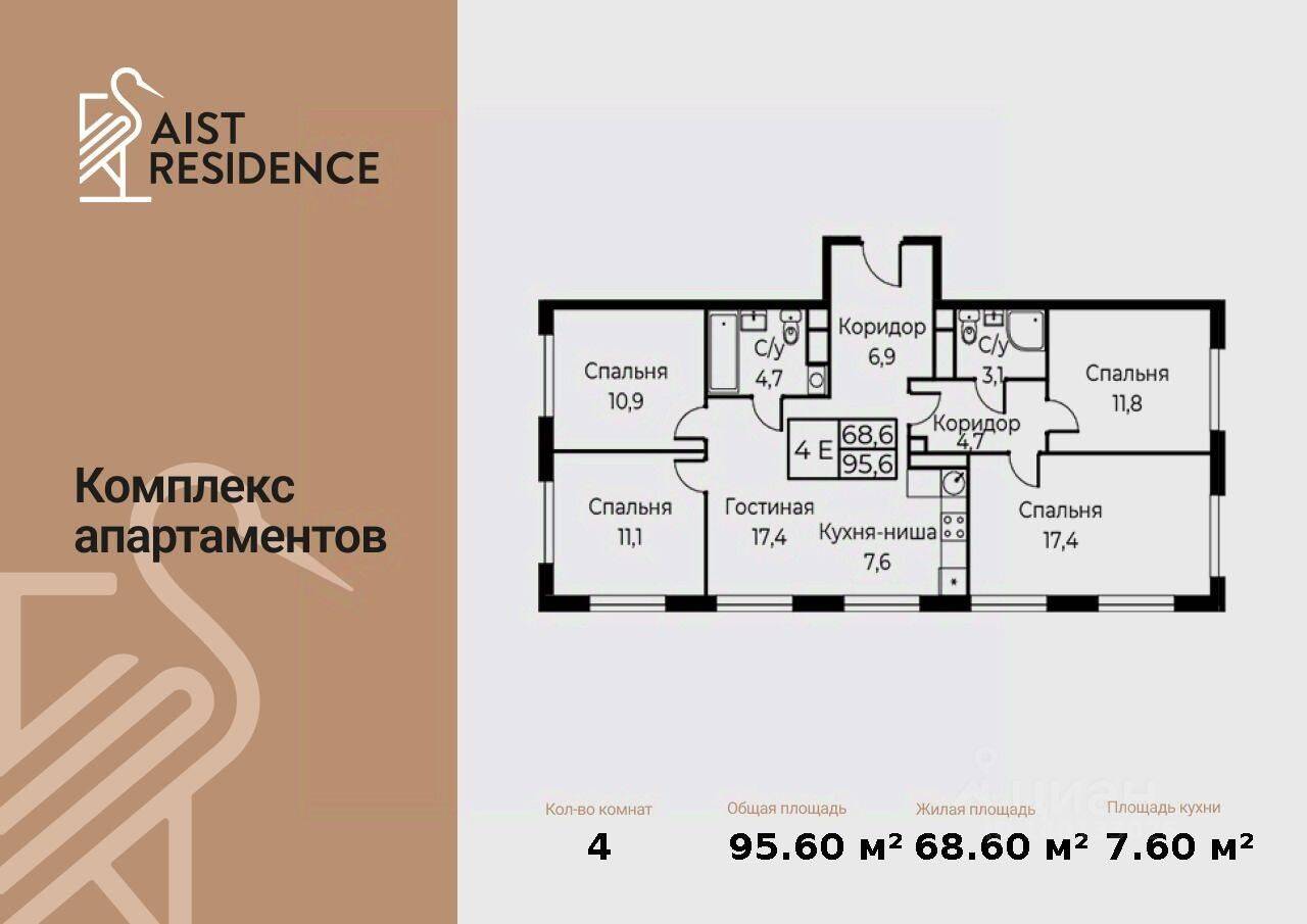 5-комн. квартира, 95,6 м², в Апарт-комплекс Aist Residence