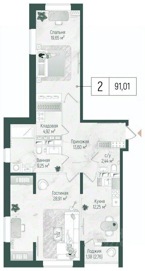 2-комн. квартира, 92,39 м², в ЖК Riga Hills