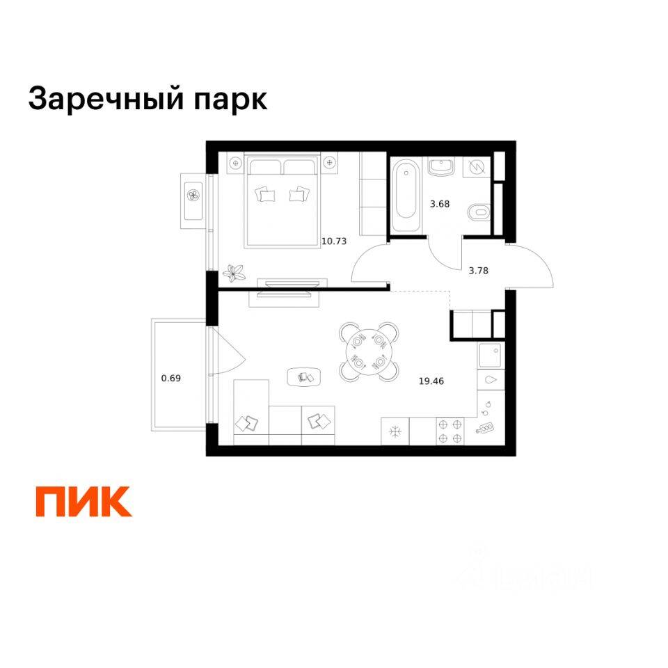 1-комн. квартира, 38,34 м², в ЖК Заречный парк