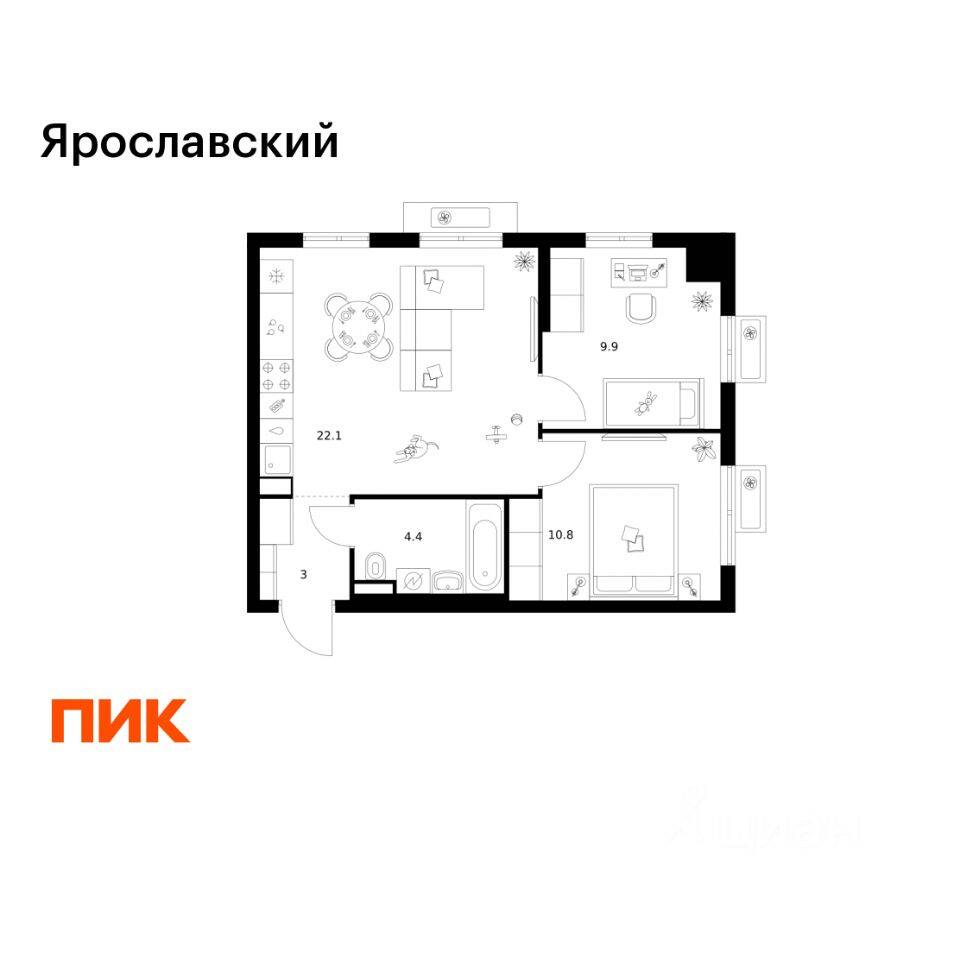 2-комн. квартира, 50,2 м², в ЖК «Ярославский»