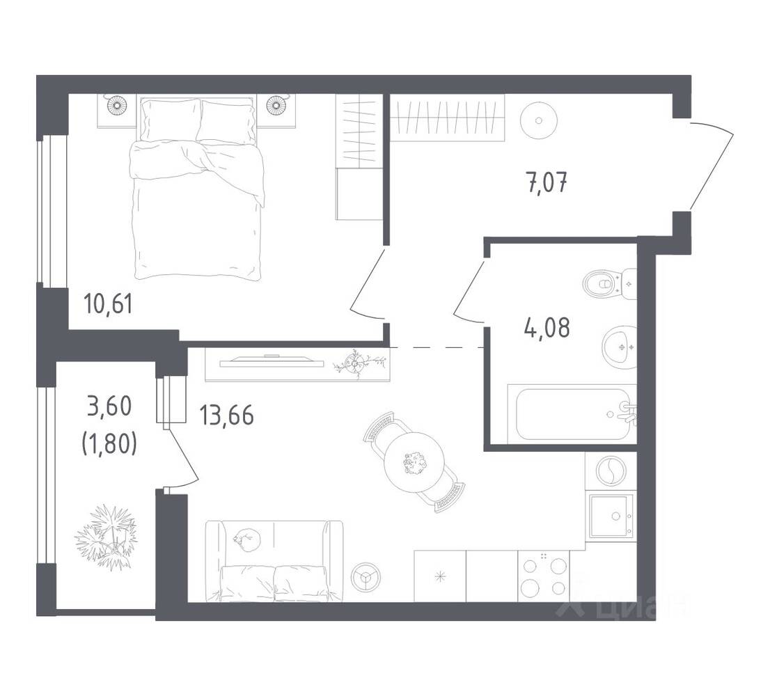 1-комн. квартира, 37,22 м², в ЖК Южная Нева