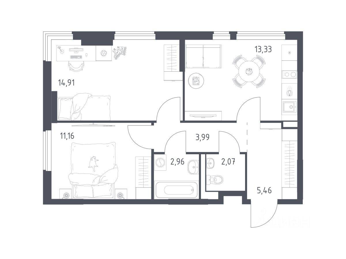 2-комн. квартира, 53,88 м², в ЖК Горки Парк