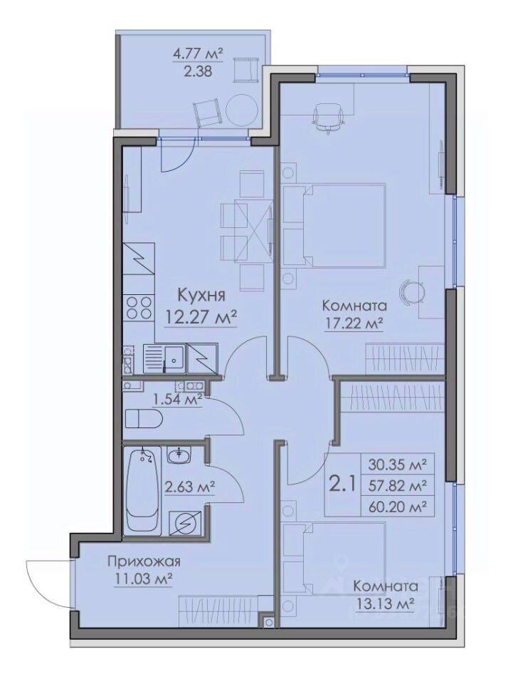2-комн. квартира, 60,2 м², в ЖК «Малая Финляндия»