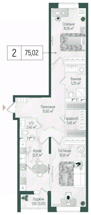 2-комн. квартира, 76,52 м², в ЖК Riga Hills
