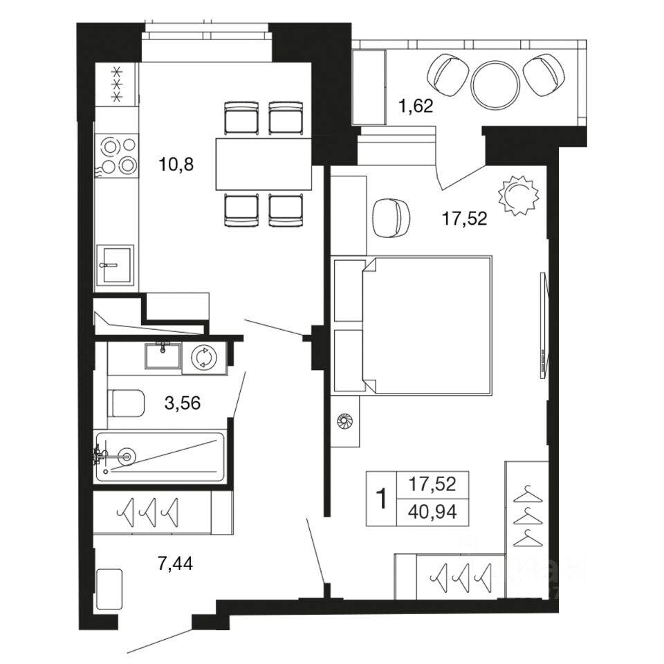 1-комн. квартира, 40,9 м², в ЖК «Времена года»