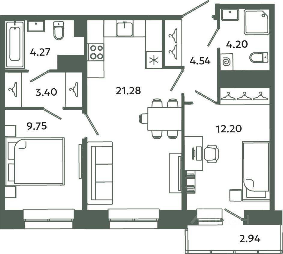 2-комн. квартира, 59,64 м², в ЖК Загляденье