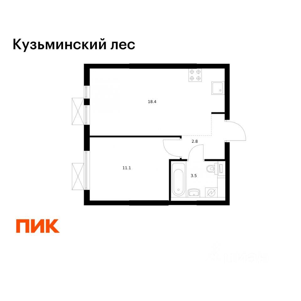 Планировка 1 комнатной квартиры, 35.8 м², в «Кузьминский лес»