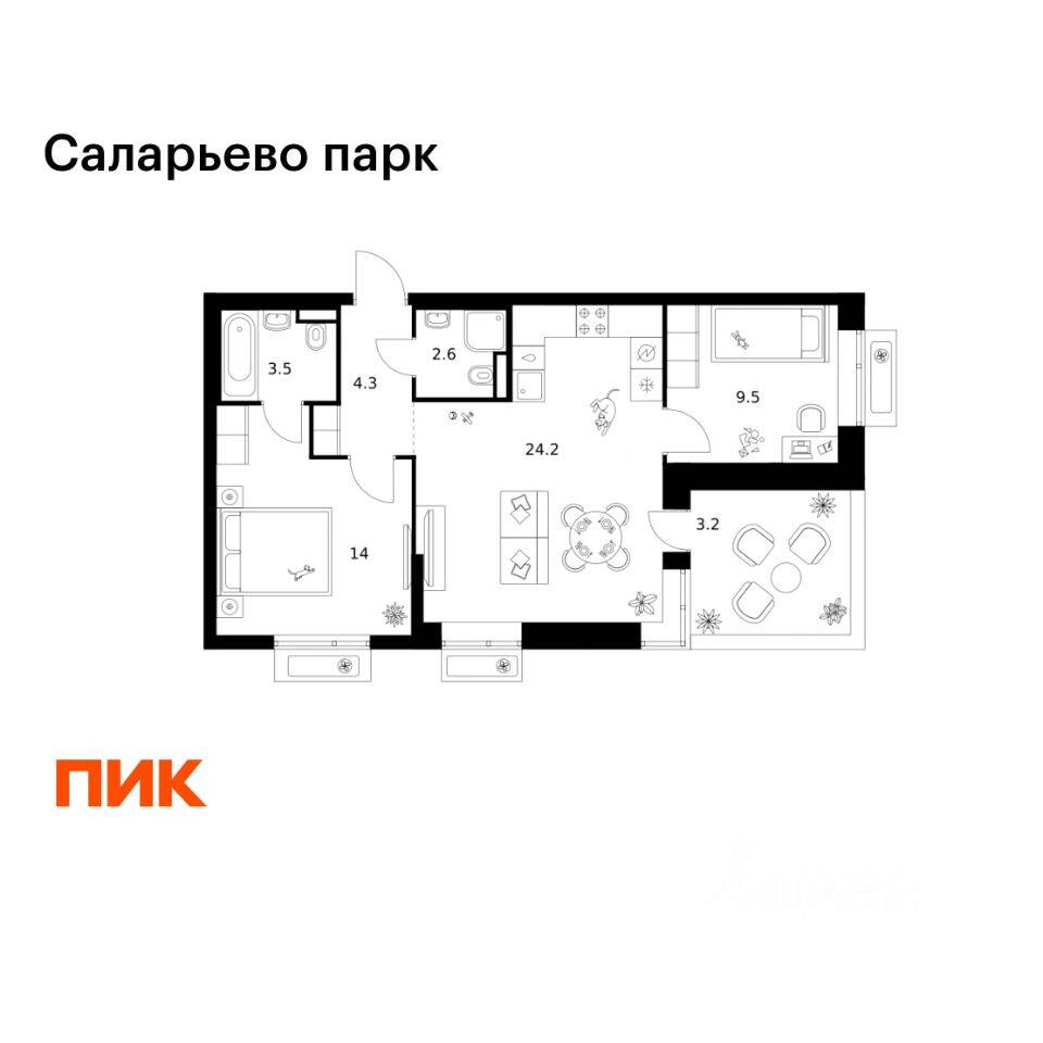 2-комн. квартира, 61,3 м², в ЖК «Саларьево парк»