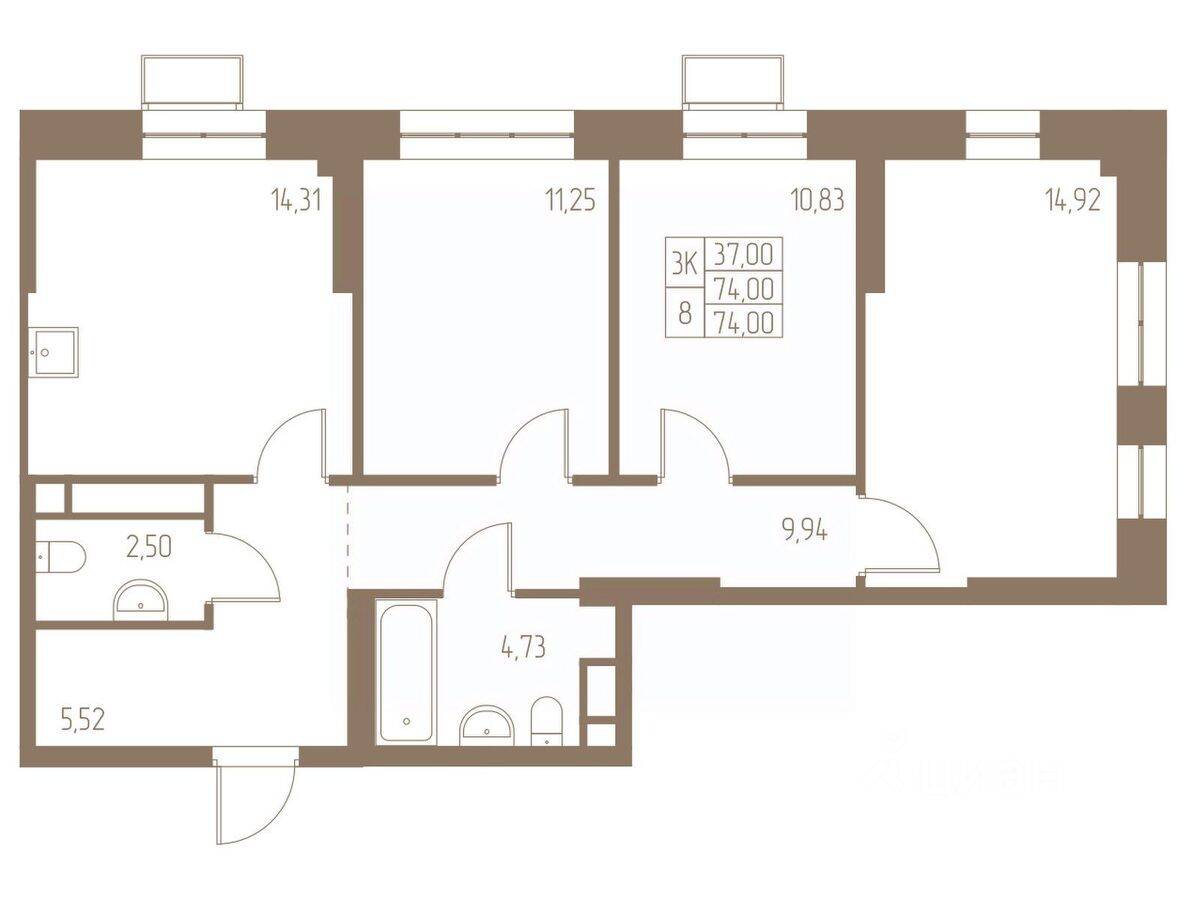 3-комн. квартира, 74 м², в ЖК Фабрикант